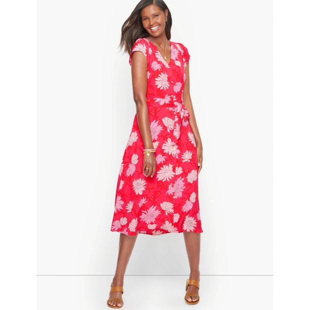 Talbots Pink Floral Chrysanthemum Belted Button Front Midi Shirt Dress 8 Petite